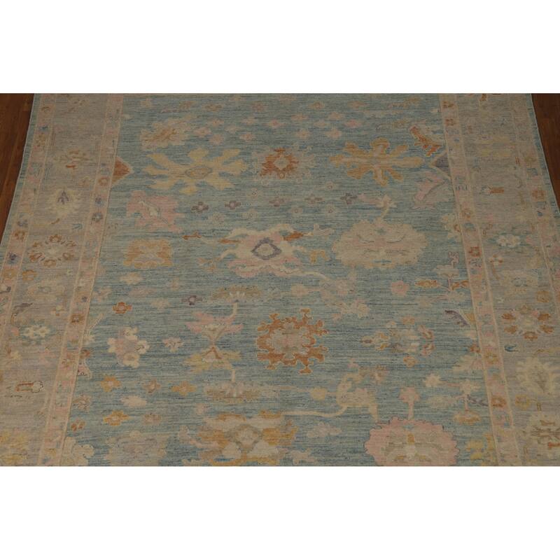 Vegetable Dye Blue Floral Oushak Turkish Area Rug Handmade Wool Carpet - 8'3"x 9'8"