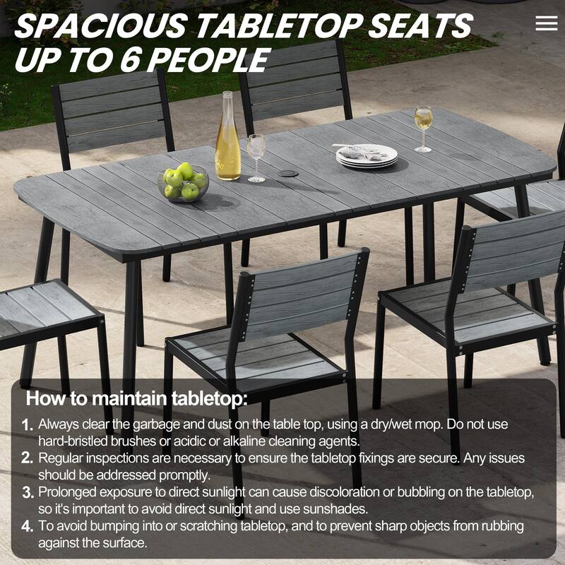 7-Piece Patio Outdoor Dining Set Aluminum Rectangle Table with Umbrella Hole and Stacking Chairs