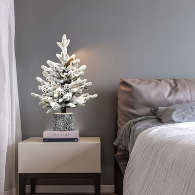 2FT Flocked Christmas Tree with Pot Base, 30 Warm White LED Lights, 189 Tips,3 Pine Cones-Small Prelit