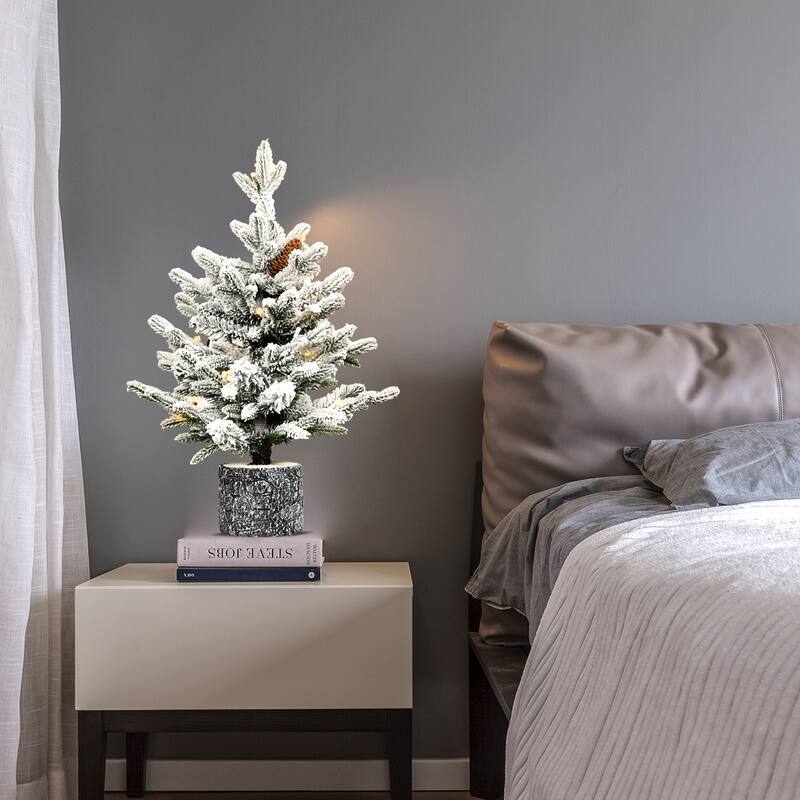 3FT Flocked Christmas Tree with Pot Base,70 Warm White LED Lights,365 Tips,7 Pine Cones-Small Prelit Holiday Tree