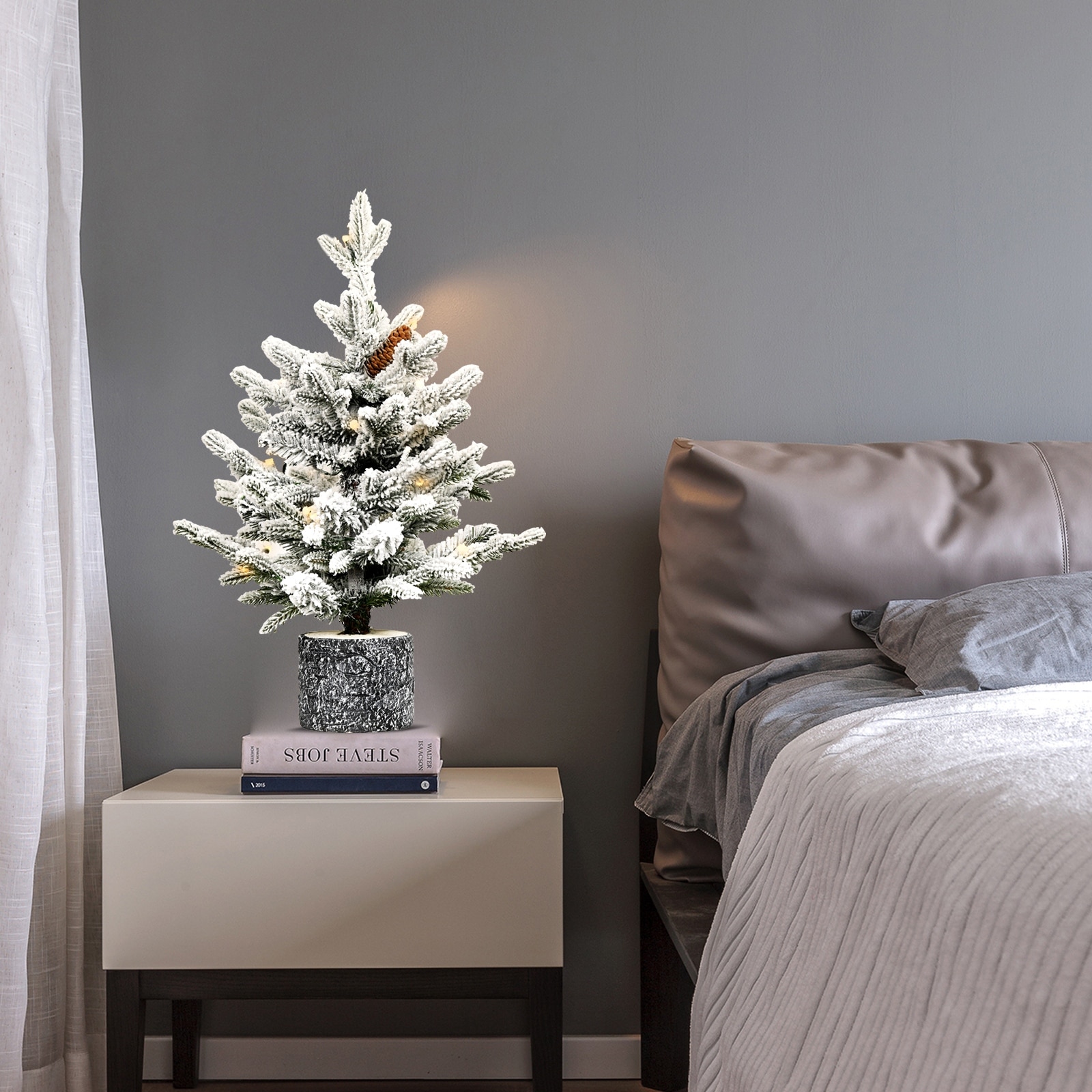 Pre-Lit Flocked Tabletop Tree - Warm White LED Lights, PE+PVC Branches, Pine Cones, Pot Base - White+Green