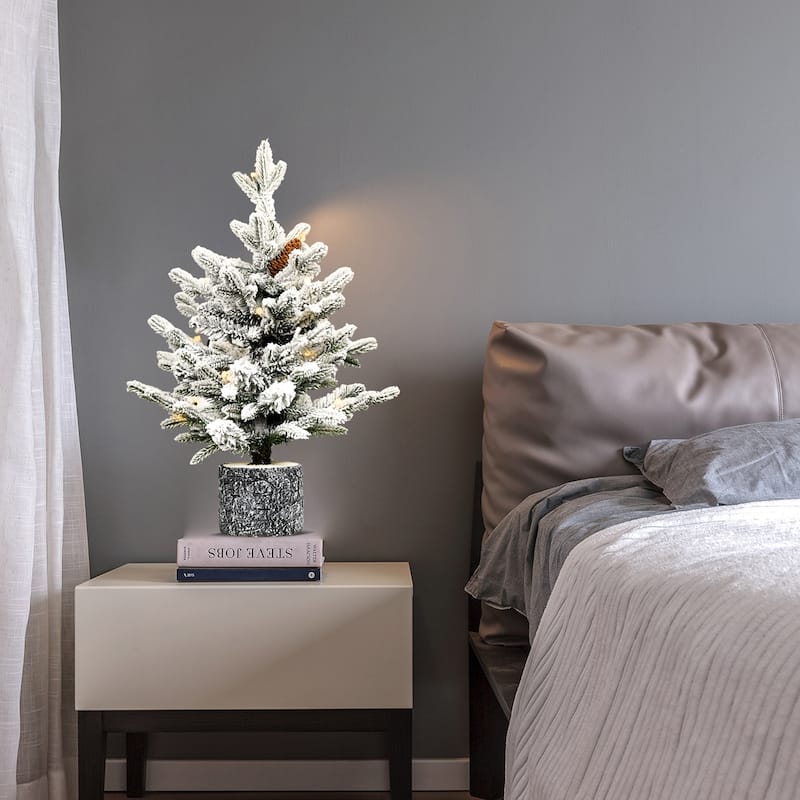Pre-Lit Flocked Tabletop Tree - Warm White LED Lights, PE+PVC Branches, Pine Cones, Pot Base - White+Green