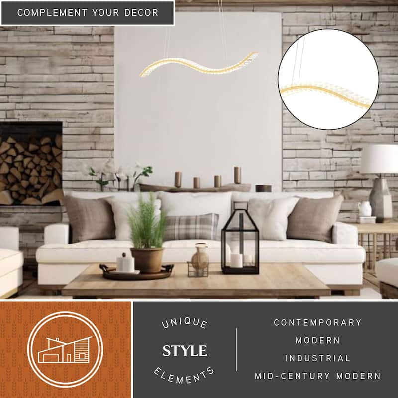 Edgewater 1L LED Gold Brass Contemporary Crystal Linear Chandelier Island Pendant Light Fixture - 37.5-in W x 5-in H x 4.25-in D