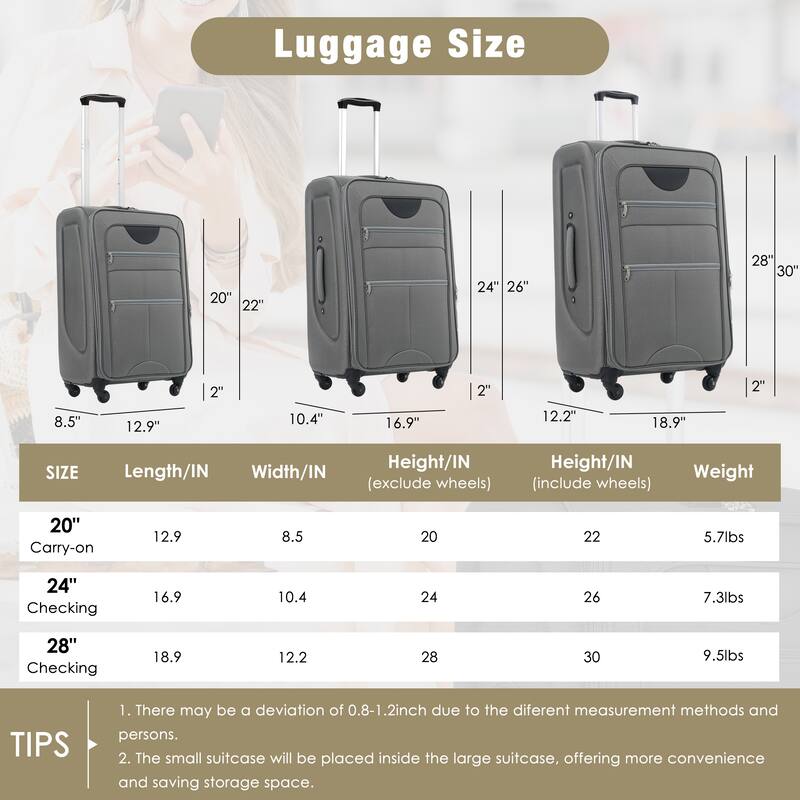 Softside Luggage Expandable 3 Piece Set Suitcase with Duffel Bag Upright Spinner Softshell Lightweight Luggage Travel Set
