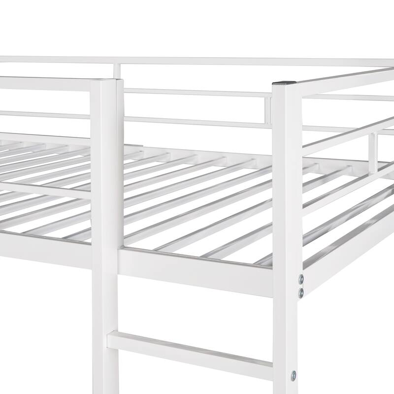 Twin Size Loft Bed with 2 Corner Shelves and MDF Desk, Metal Bed Frame with 2 Built-in Ladders and Safety Guardrails