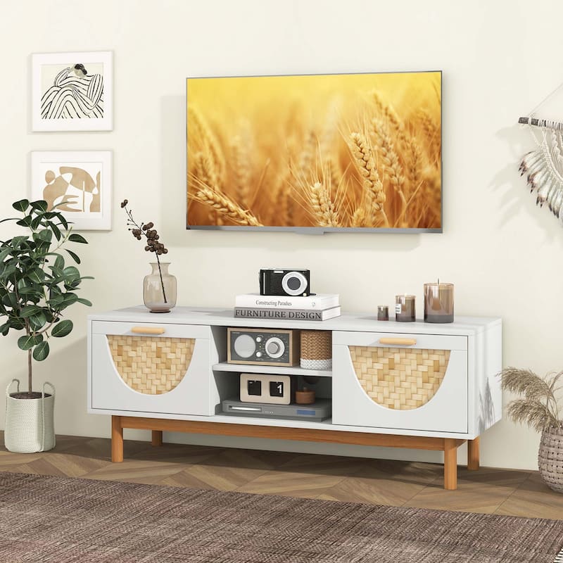 Costway TV Stand for 55-Inch TVs with 2 Drawers & Bamboo Woven Fronts - See Details