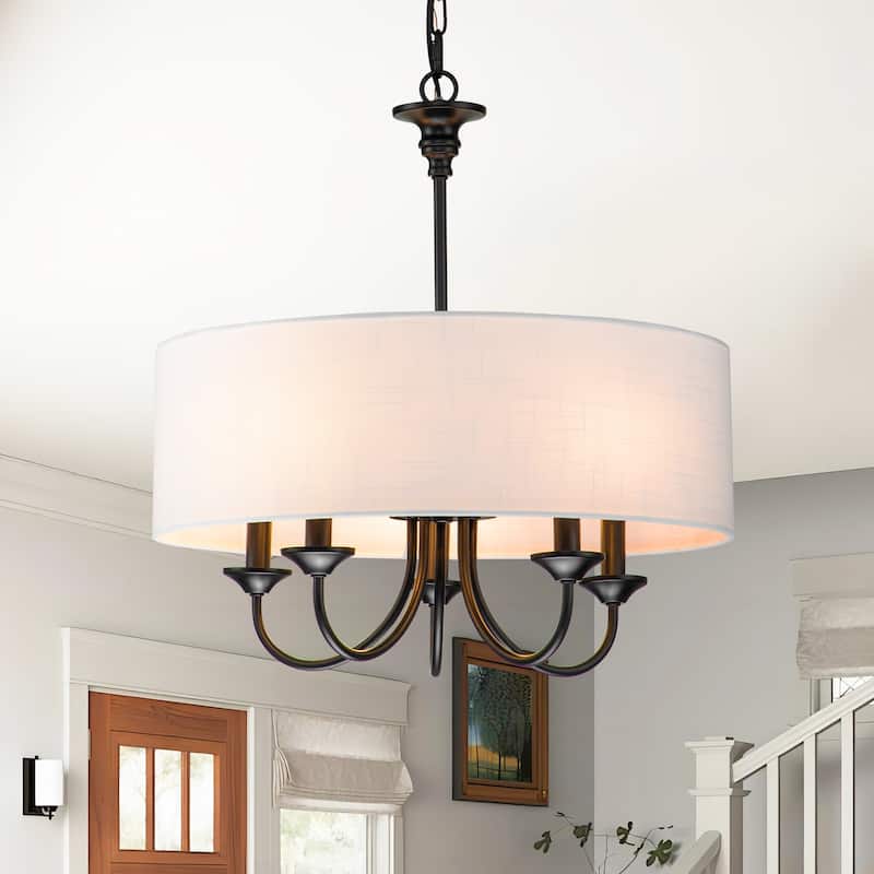 5-Light Farmhouse Modern Rustic Fabric Drum Chandelier for Living/Dining Room with White Shade - 19.69 in. W x 21.65 in. H - 19.69 in. W x 21.65 in. H - Black
