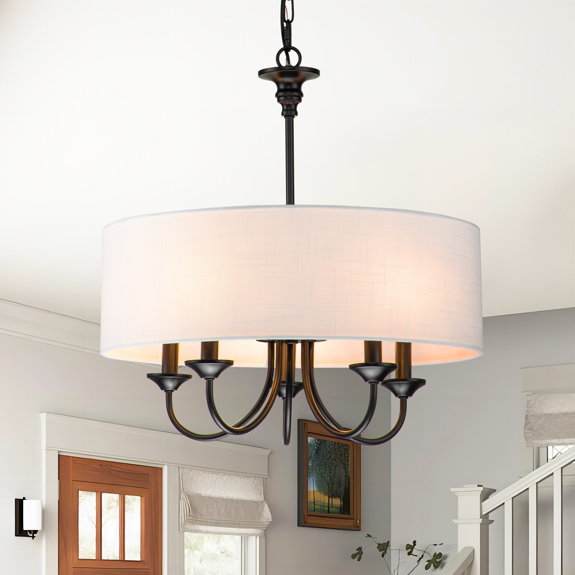 Rennnsan 5-Light Farmhouse Drum Chandelier for Living/Dining Room with White Fabric Shade - 19.69 in. W x 21.65 in. H