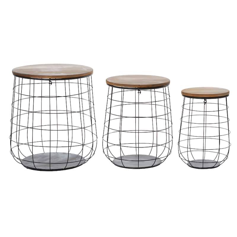 Brown Metal Decorative and Functional Storage Basket with Wood Lids (Set of 3)
