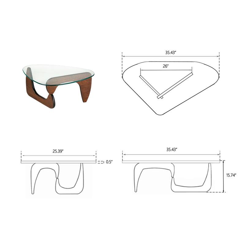 Modern Triangle Clear Glass Coffee Table with Wood Base