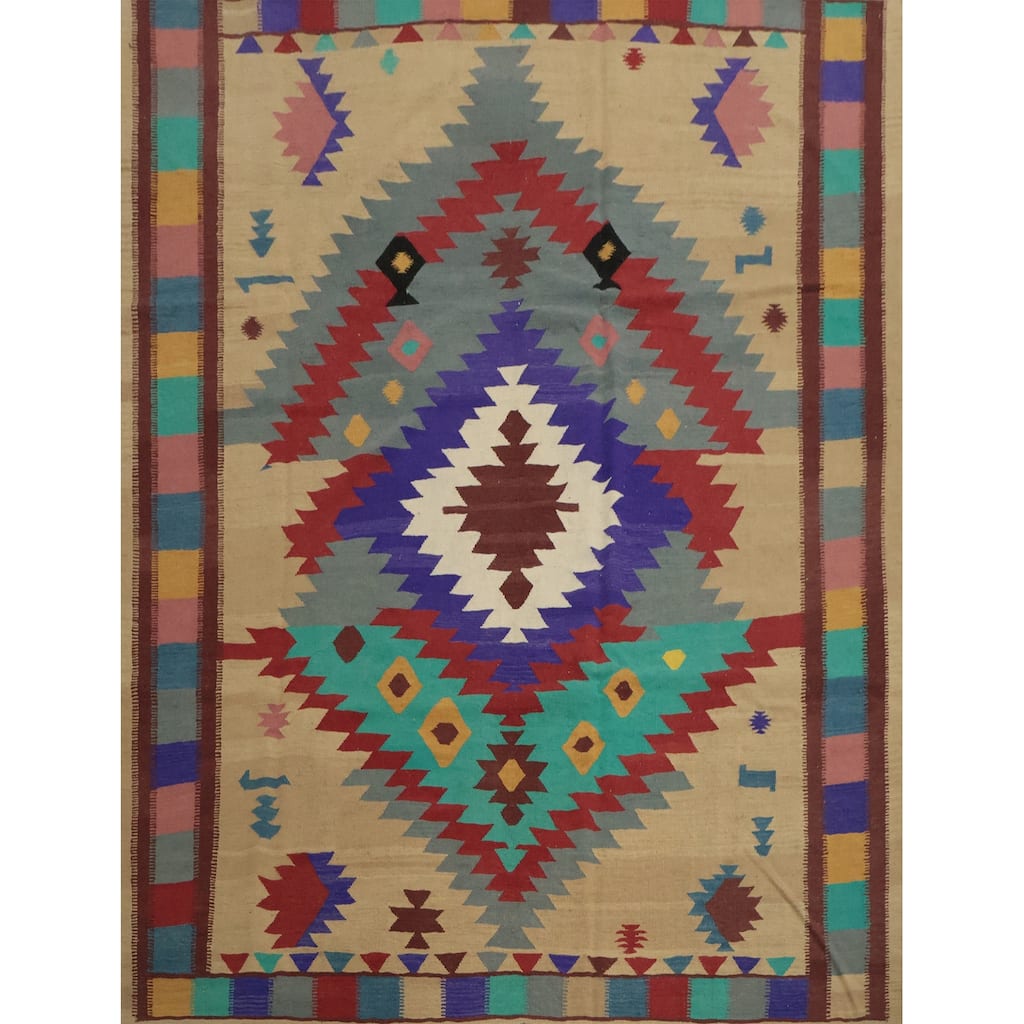 Hand Woven Oriental 100% Wool Carpet Southwestern Tribal Multi-Colored Kilim Area Rug - 9' 9'' X 9' 9''