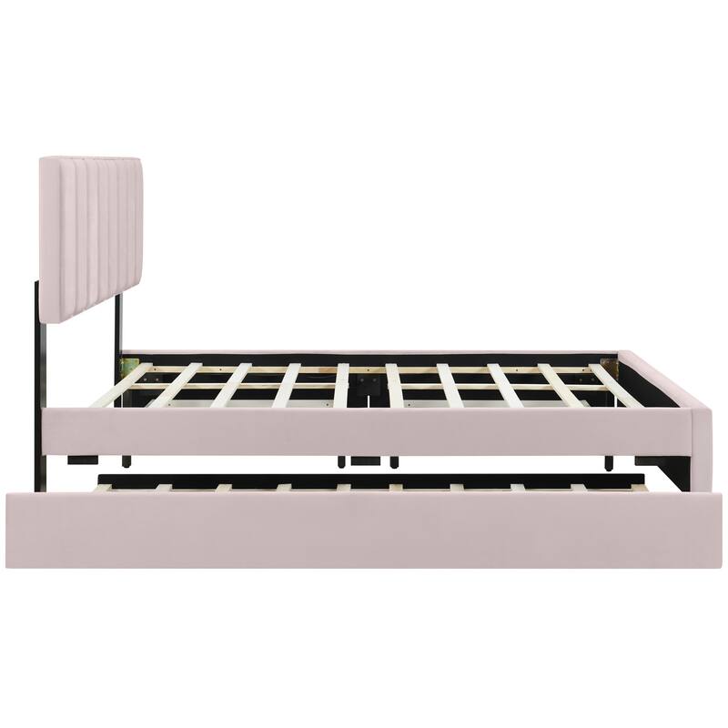 HomeRoots Pink Tufted Velvet Upholstered Queen Bed Frame With Trundle And Drawers