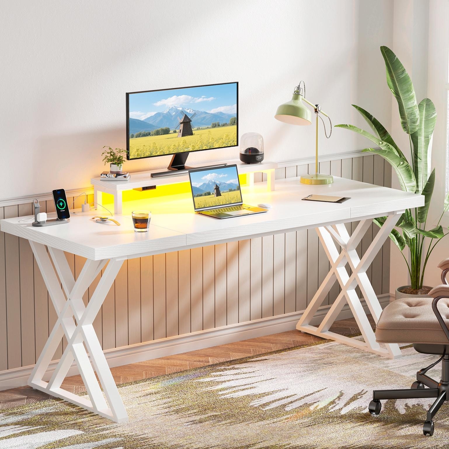 Gaming Desk with LED Strip & Built-in USB Charging Station