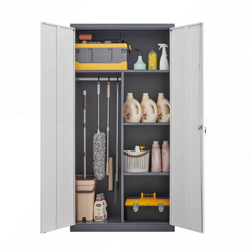 Gray Metal Large-Capacity Wardrobe with Hanging Rod and Locks for Bedroom and Living Room