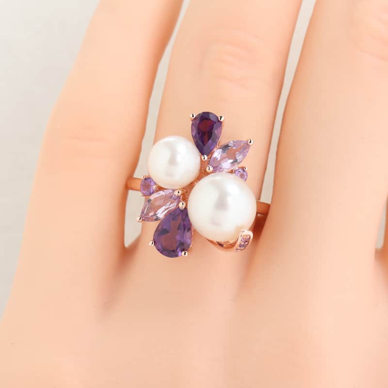 Miadora Cultured Freshwater Pearl and Gemstone Cluster Ring Sterling Silver