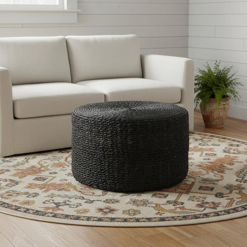 HomeRoots 30" Black Water Hyacinth Round Pouf Ottoman - Black - 29.53 in. x 15.75 in.  x 29.53 in.