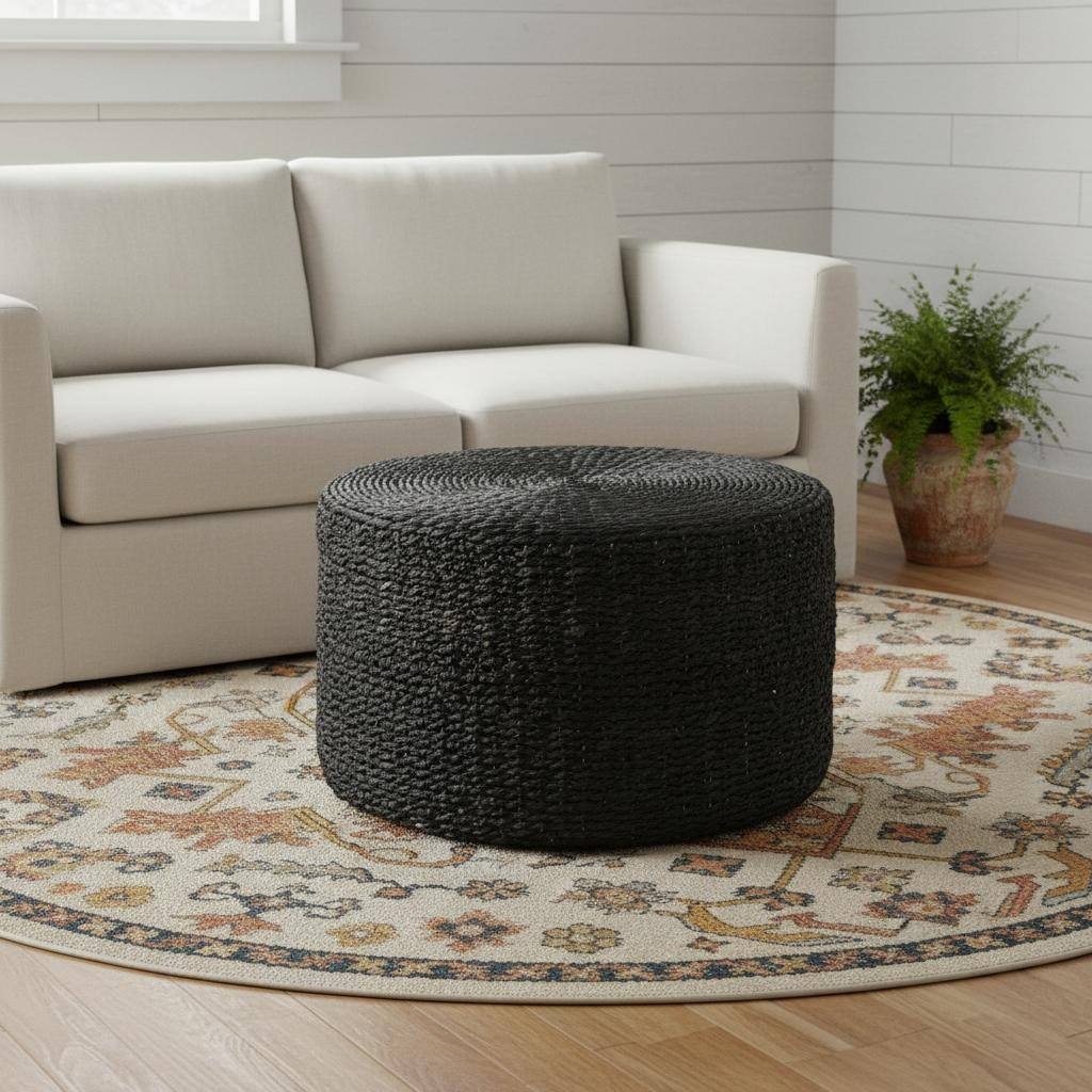HomeRoots 30" Black Water Hyacinth Round Pouf Ottoman