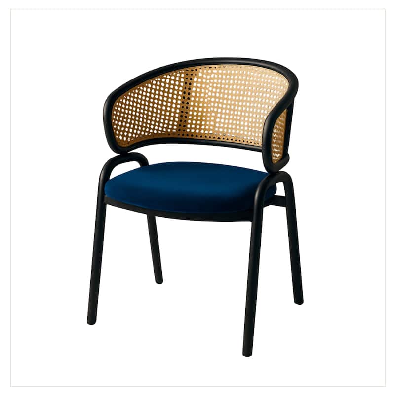 Ervilla Ergonomic Wicker Back Velvet Accent Dining Armchair with Powder Coated Steel Legs Protective Pad - Navy Blue