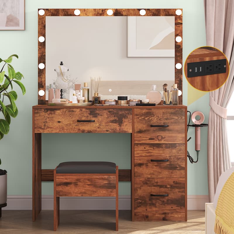 Moasis 35.4" Pink Mirror Makeup Vanity Table - 35.4''L x 15.7''W x 53.5''H - Brown