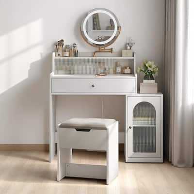 Makeup Vanity Table with Adjustable Lighted Mirror, Side Cabinet & Hidden Storage Chair - White 38.5"