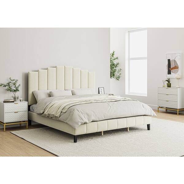 slide 2 of 57, Tufted Upholstered Platform Bed with Sturdy Center Legs and Elegant Headboard for Bedroom by HULALA HOME IVORY - King