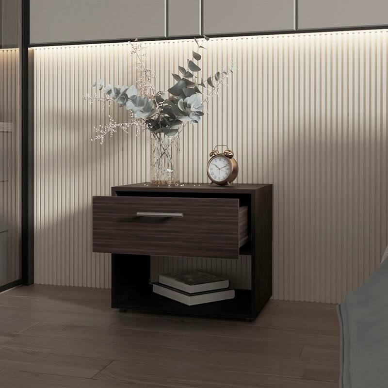 Stained Walnut Nightstand with Drawer and Spacious Shelf