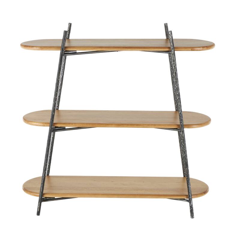 Brown Wood Oval Shaped Shelving Unit with Black Metal Frame