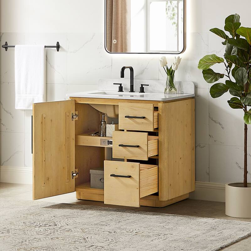 Serene Bathroom Vanity in Nature Brown with Grain White Engineered Stone Countertop without Mirror