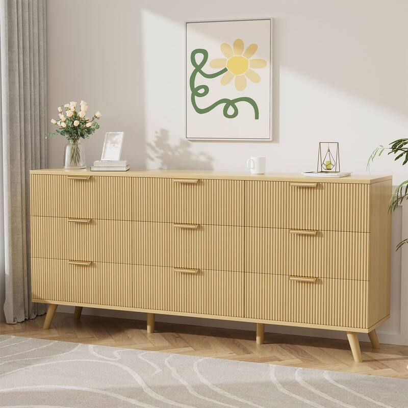 Gymojoy 9 Drawer Dresser, 63" Wide Fluted Wood Chest of Drawers with Gold Handles, Modern Storage Organizer for Closet