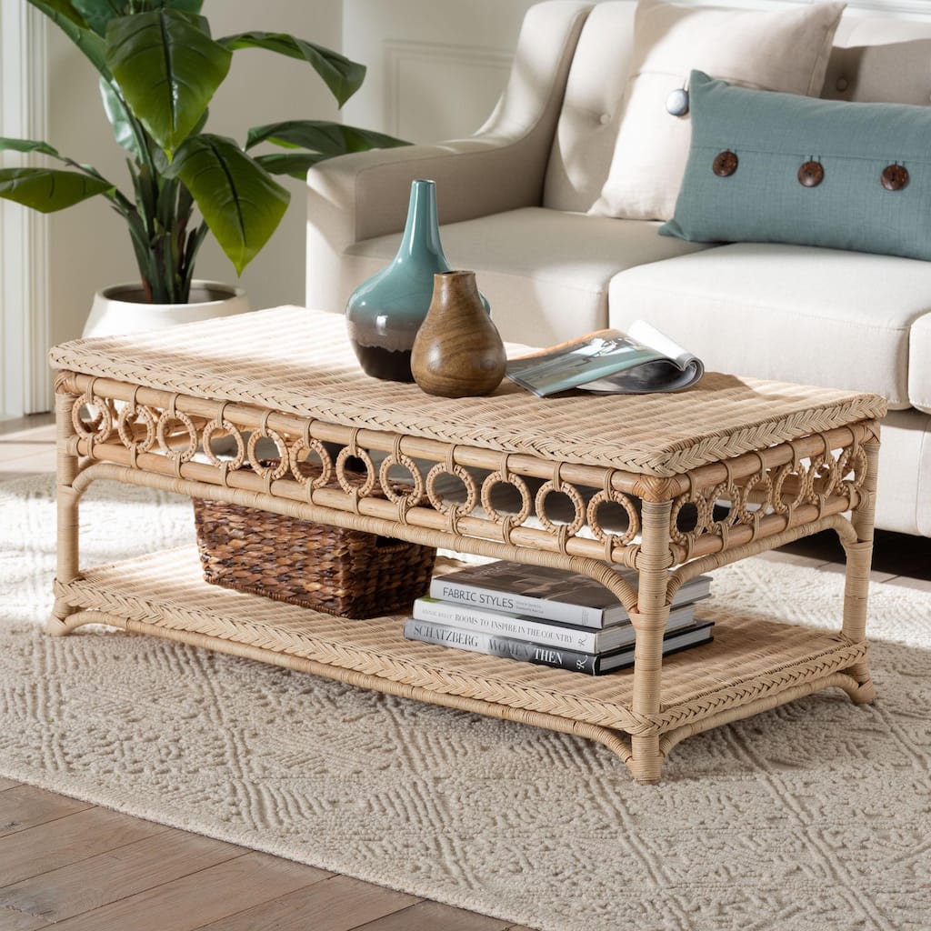 Oxford Braided Natural Rattan Coffee Table with Open Shelf - Coastal Living Room Accent Table with Decorative Loop Detailing