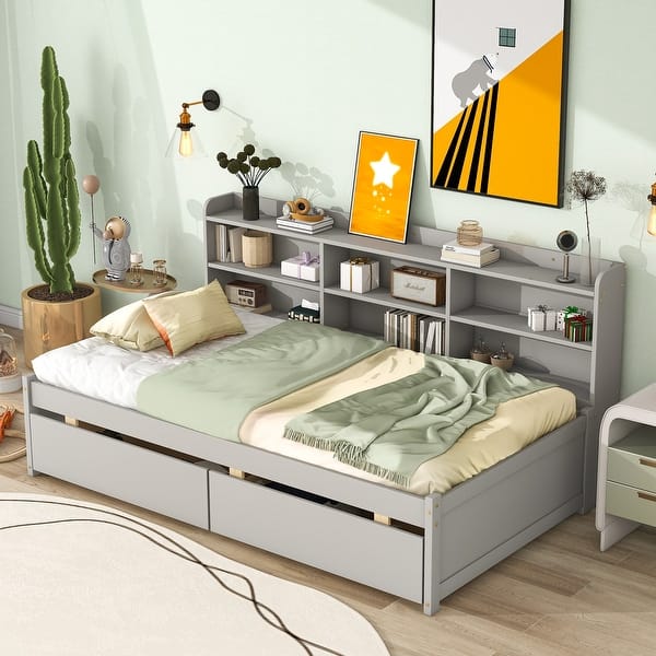 slide 2 of 18, Twin Day Bed with Side Bookcase & 2 Drawers - Multifunctional Design Gray