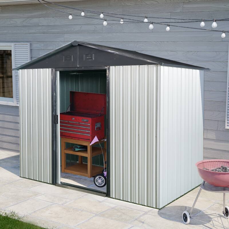 8ft x 4ft Outdoor Metal Storage Shed with Sliding Door and foundation for Backyard, Patio, Lawn - White+Black