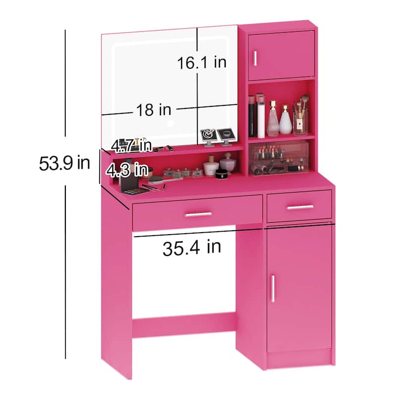 Modern Vanity Desk with Mirror, LED Light Strip and Storage
