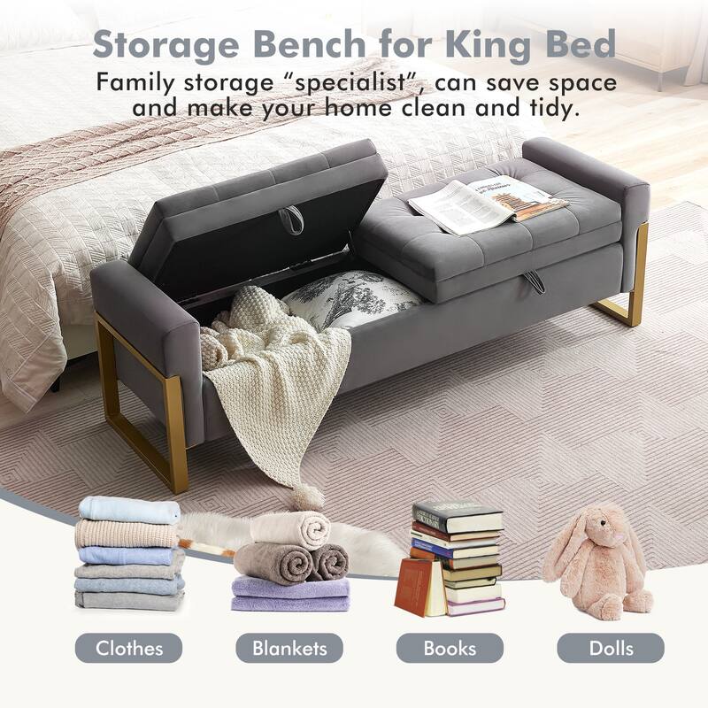 66" Storage Bench for Bedroom End of Bed with Double Lids and Gold Legs