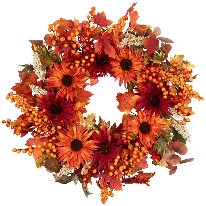 Mums and Berries with Fiery Foliage Fall Harvest Wreath - 24"