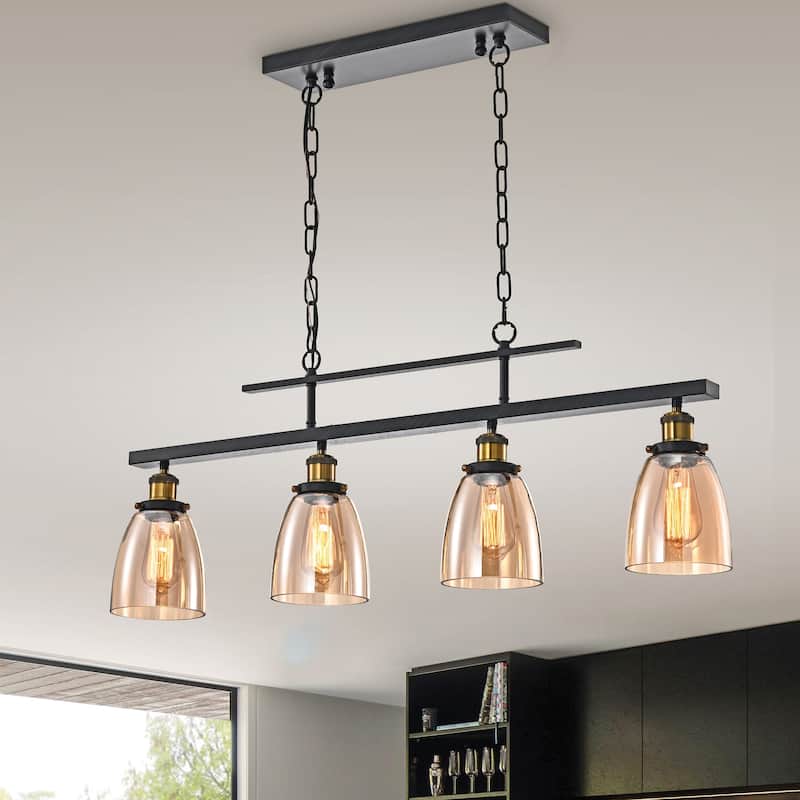 Antique Black 4-Light Linear Kitchen Island Lighting with Amber Glass Shades