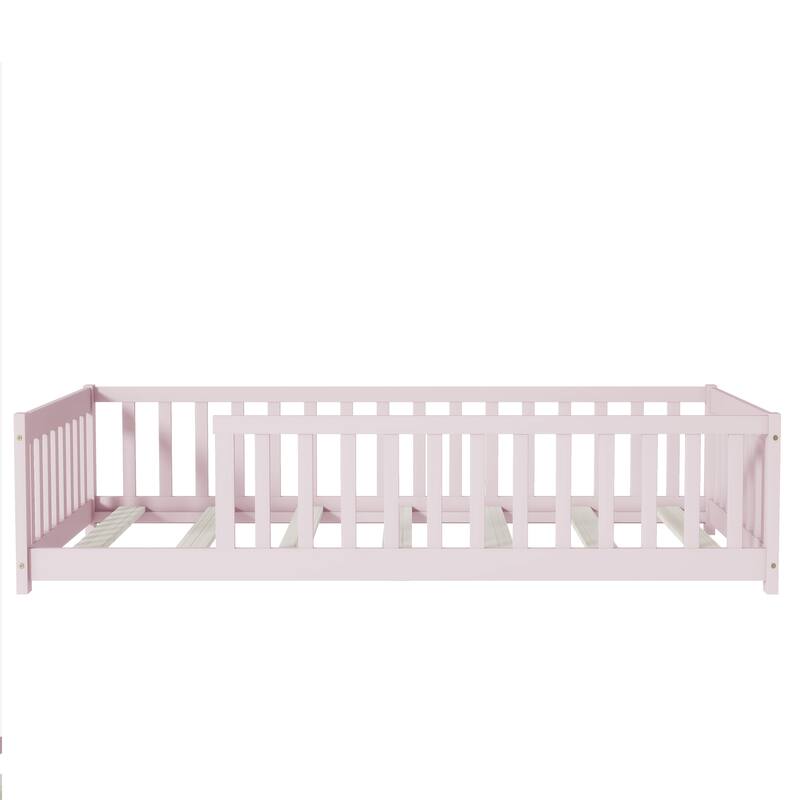 Twin Size Floor Bed with Fence without Door, Rubber Wood Floor Bed with Safety Guardrails