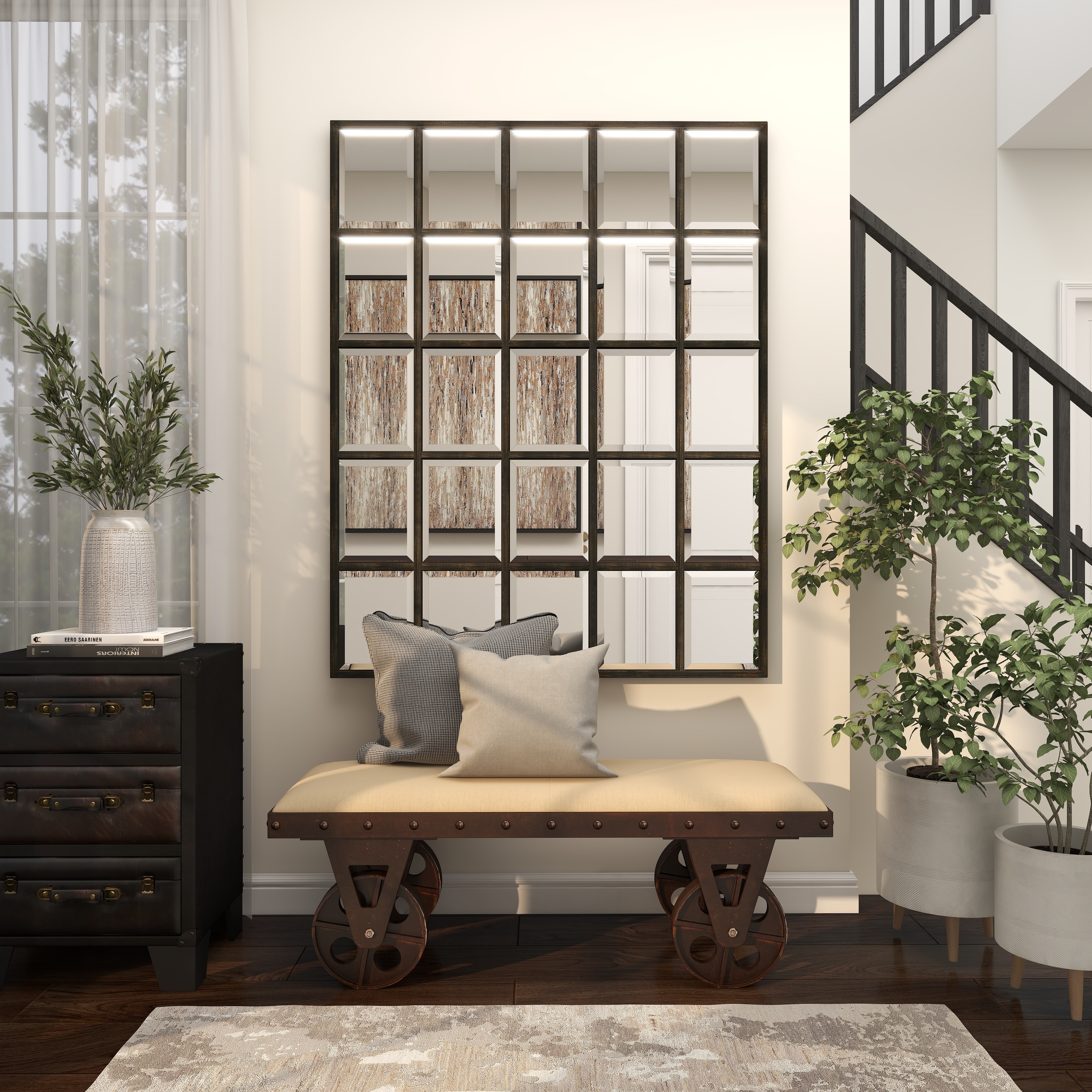 Brown Wooden Vintage Industrial Inspired Bench with Wheels and Linen  Upholstered Seat, image size:3500x3500