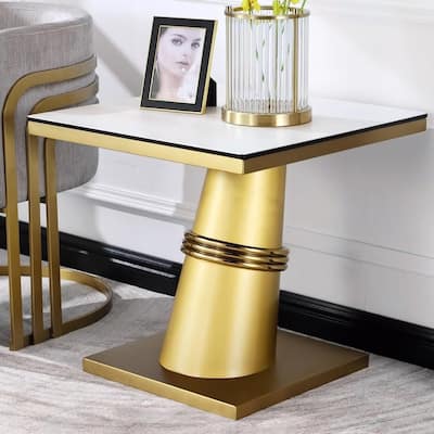 Glam 24 inch Square Glass End Table with Brushed Gold Stainless Steel Base