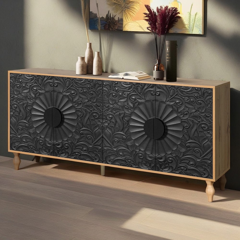 Lily Carved Flower Door Large Storage Sideboard Cabinet with Shelves by GDFStudio
