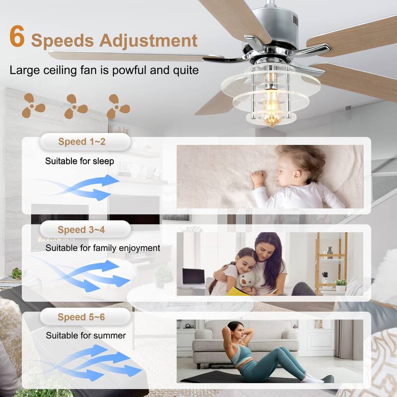 Bella Depot 52" Modern Ceiling Fan with Light and Remote 6-Spped Reversible Fan