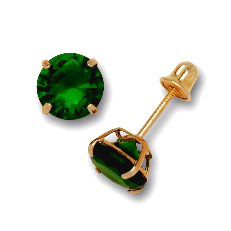 14K Yellow Gold 6mm Round Cubic Zircornia Birthstone Basket-Set Solitaire Screw-back Stud Earrings (12 colors) - Emerald