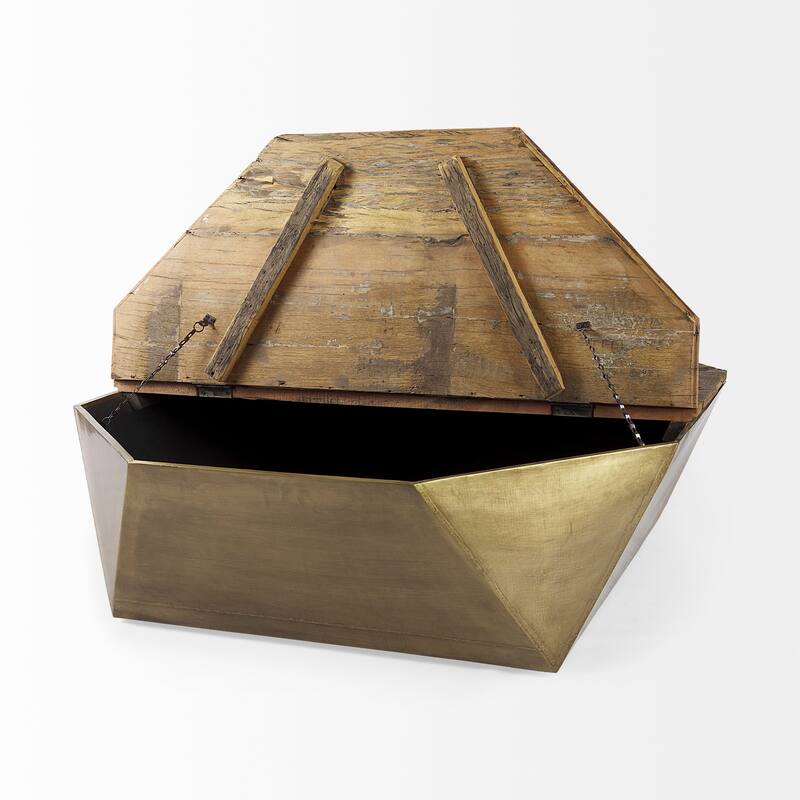 Esagono Gold Metal-Clad Reclaimed Wood Octagonal Coffee Table w/ Storage - 48.0L x 48.0W x 14.2H