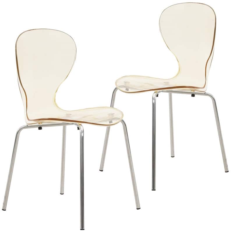 Oyster Modern Stackable Plastic Dining Chair with Curved Backrest and Accent Chrome Legs for Kitchen or Café Use Set of 2