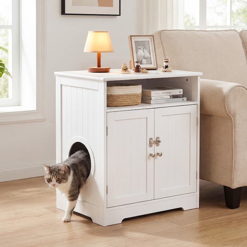 Gymax Wooden Cat Litter Box Enclosure w/ Easy Cleaning Litter Mat