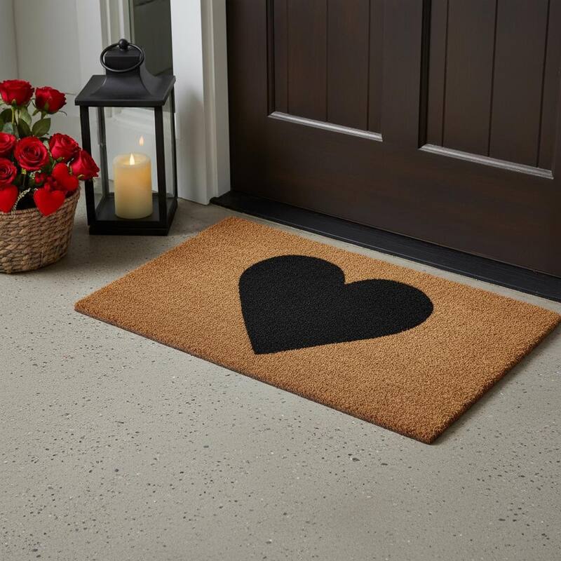 HomeRoots 24" X 36" Brown And Black Heart Outdoor Coir Door Mat - 17.00' X '29.00