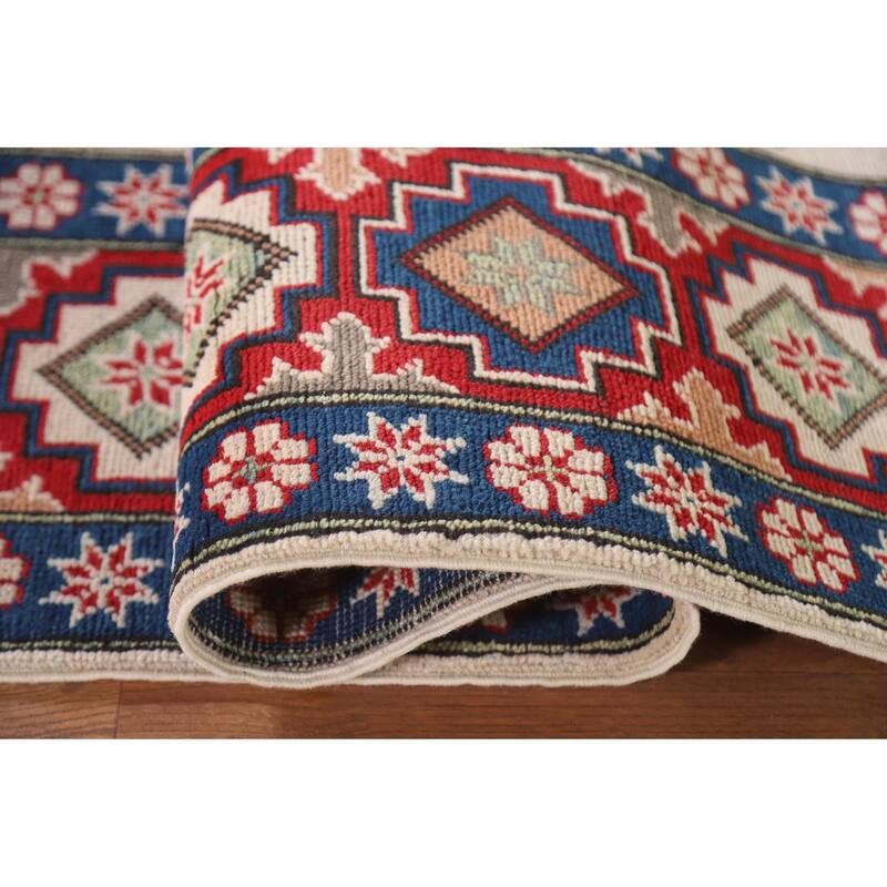 Hand Knotted Oriental 100% Wool Carpet Traditional Geometric Beige & Ivories Kazak Area Rug - 9' 7'' X 6' 7''