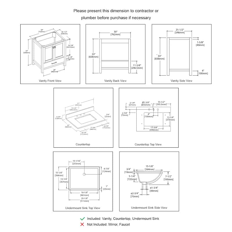 Blossom Geneva 30" Bathroom Vanity with Marble Top & Undermount Sink