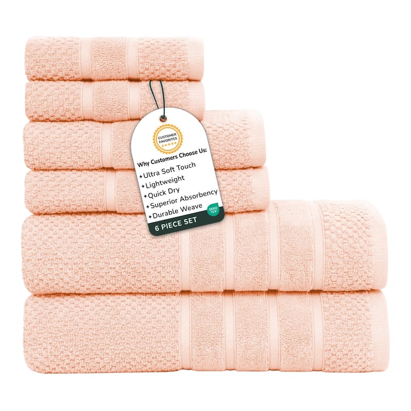 Feather and Stitch NY 650 GSM Premium Cotton 6 Piece Towel Set Super Absorbent Quick Dry Spa Quality - Pale Peach