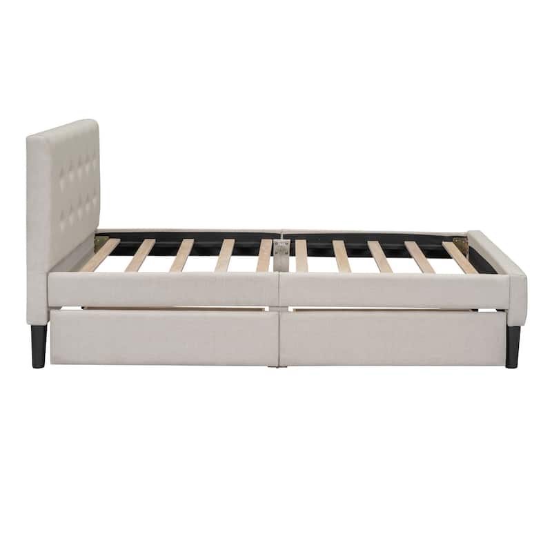 Twin Size Upholstered Bed Storage Platform Bed with Tufted Linen Headboard, 2 Pull-out Drawers and Solid Wood Frame